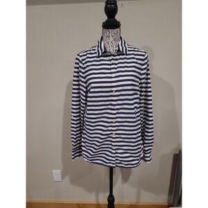 Talbots‎ Coastal Parisian Navy white Stripe Cotton button front Top Women SZ 8